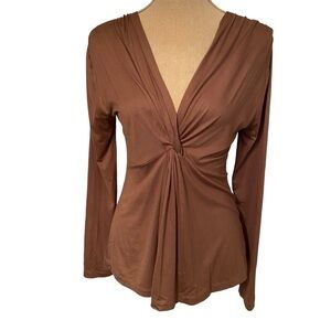VAGARIES TOP TEE LONG SLEEVE BROWN STRETCH DEEP TWIST V-NECK SIZE S